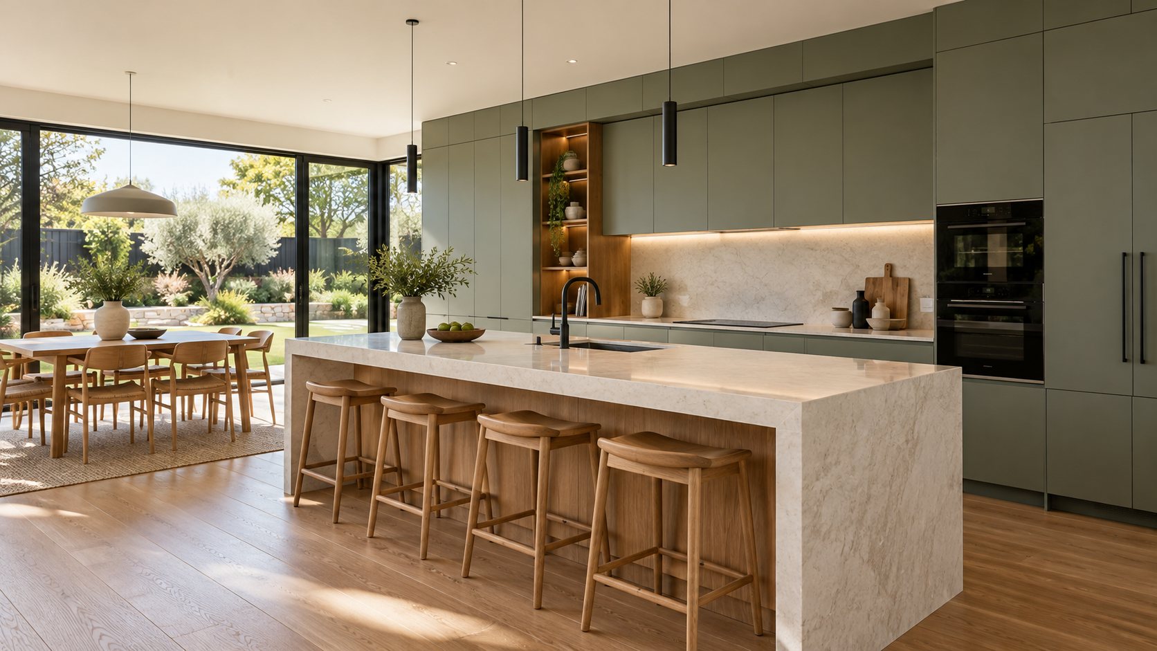 AI-generated family kitchen concept with sage grey cabinetry and oak stone island